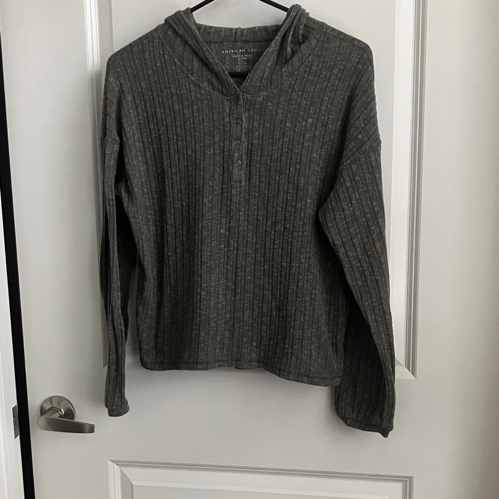 Ribbed Hooded Henley Pullover - spruce green